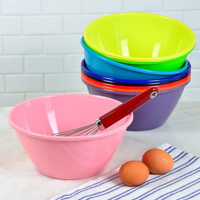 Youngever 9 inch 80 Ounce Plastic Mixing and Serving Bowls, Popcorn Bowls, Salad Bowls, Chip and Dip Serving Bowls, Set of 9 (Rainbow Color)