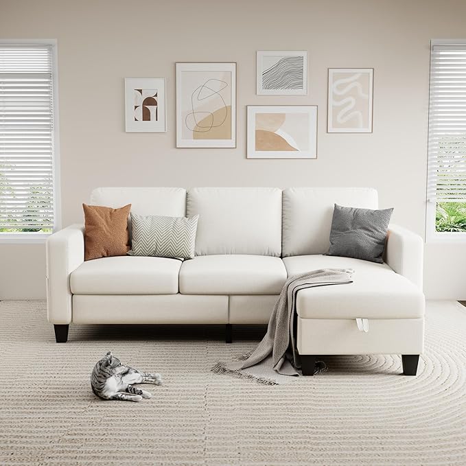 Sectional Sofa Couches for Living Room - Beige 3 Seat L-Shaped Couch with Storage Ottoman, Comfy Fabric Convertible Sectionals Sofas with Chaise for Apartment, Office, Small Space