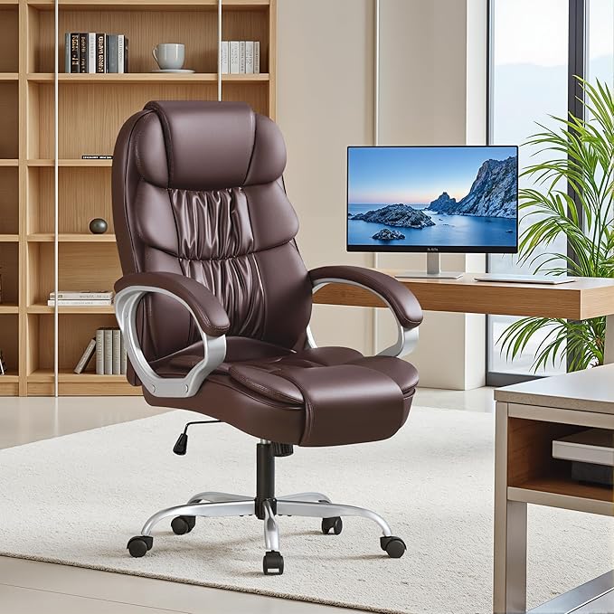 Furmax Leather High Back Office Chair Ergonomic Executive Office Chair Swivel Computer Desk Chair Lumbar Support Soft Cushioned Padded Arms (Brown)