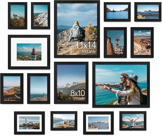 Vittanly 16 Pack Picture Frames, Gallery Wall Frame Set with 2Pcs 11x14, 2Pcs 8x10, 6Pcs 5x7 and 6Pcs 4x6 Photo Frames, Picture Frames Collage Wall Decor for Wall or Tabletop Display, Black