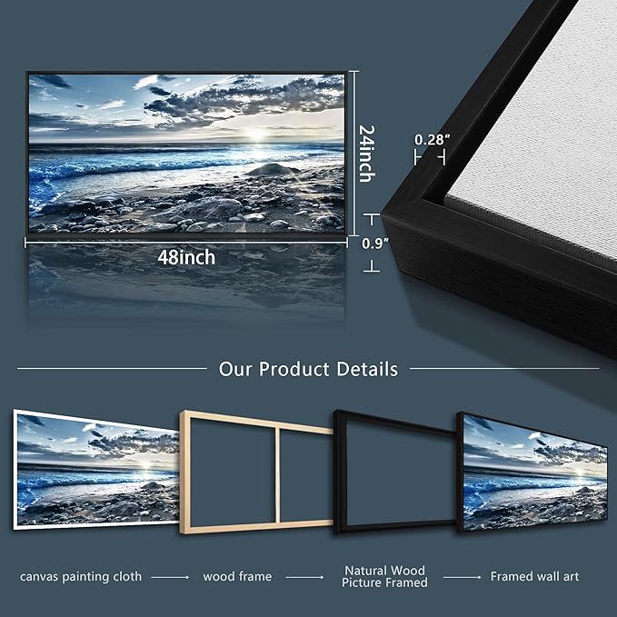 Wapluam Large Canvas Prints - Wall Decorations for Living Room, Bedroom, Office - Blue Sea Scenery Artwork - Framed Beach Posters