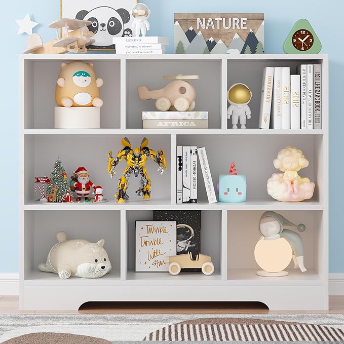 Kids Book Shelf Set of 2, 8 Cubes Storage Organizer Montessori Bookshelf, 3-Tier Wooden Kids Bookcase, Toy Storage Organizer for Children, White Toddler Bookshelf Cube Shelf for Kid’s Room