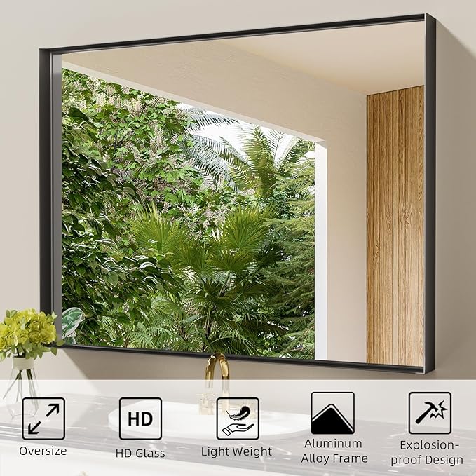 48x32 Inch Black Bathroom Mirrors for Over Sink, Contemporary Wall Mirror, Rectangle Framed Mirrors for Bathroom, Decorative Vanity Mirror for Living Room Entryway Horizontal/Vertical