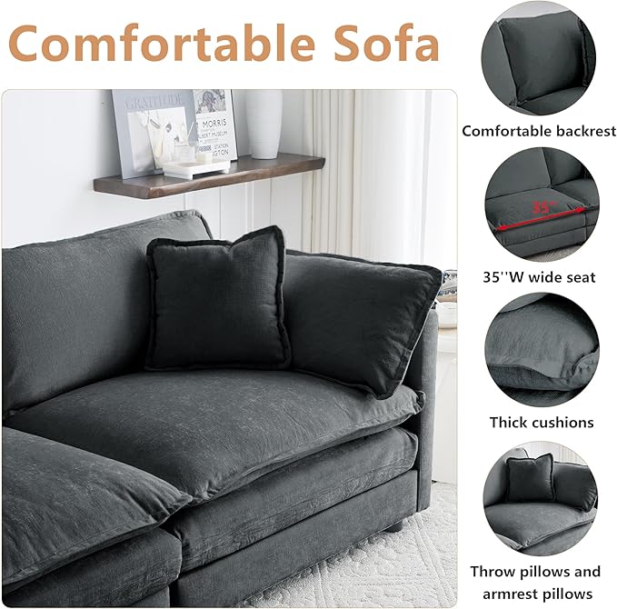 mikibama Luxury Loveseat Sofa Couch, 76" Modern Chenille Deep 2-Seater Cloud Couch with 2 Armrest Pillows and 2 Toss Pillows, Love Seat for Living Room Bedroom Office Apartment, Grey