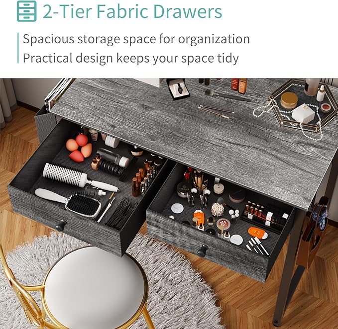 Lufeiya Small Desk with Drawers - for Bedroom, 32 Inch Home Office Computer Desk with Fabric Storage Drawer and Bag, Study Writing Table for Small Spaces, Gray