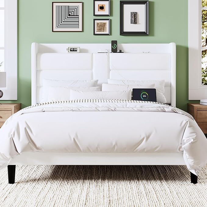 Allewie Full Size Platform Bed Frame with Charging Station & Storage Headboard, Upholstered Velvet Wingback Design & USB Port, Strong Wooden Slats Support, No Box Spring Needed, Easy Assembly, White