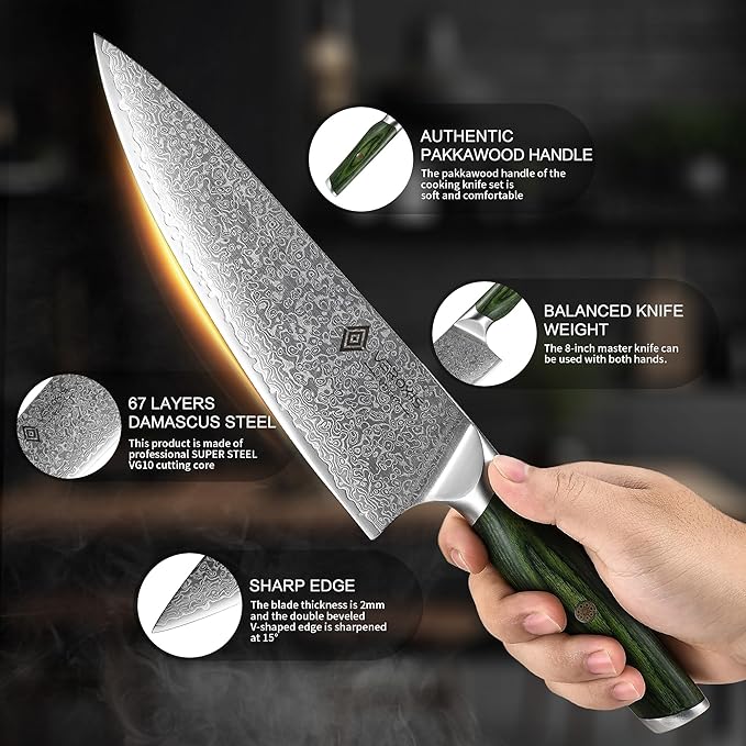VEROXIS Damascus Chef Knife 8 Inch, Professional Japanese Kitchen Knives Sharp High Carbon Super Steel with Ergonomic Pakkawood Handles, Elegant Gift Box Packaging