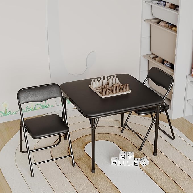 GarveeHome Boys and Girls Folding Table and Chair Set of 3, Featuring a Portable Table and Chairs with Soft Pu Cushions. No Assembly is Required, Perfect for Eating, Reading and Playing, Black.