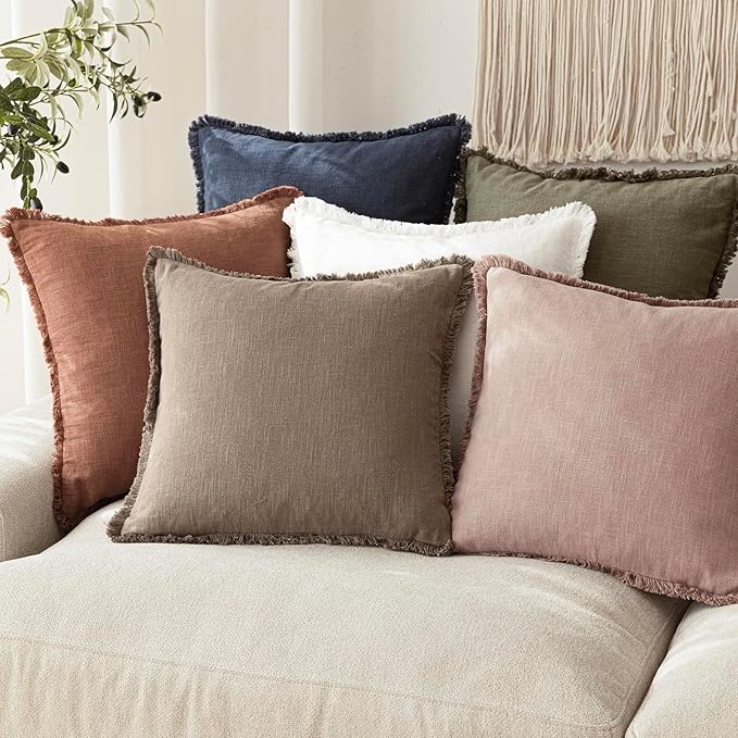 Foindtower Set of 2 Decorative Linen Fringe Throw Pillow Covers Boho Farmhouse Cushion Cover with Tassels Soft Accent Pillowcase for Couch Sofa Bed Living Room Home Decor,24×24 Inch,Dusty Pink