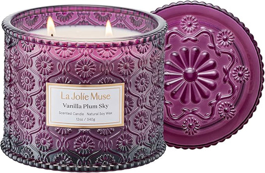 LA JOLIE MUSE Vanilla Plum Sky Candle, Fall Candles for Home Scented, Large 2-Wick Soy Candles, Luxury Jar Candle Gifts for Women & Men, 60 Hours Long Burning, 12oz