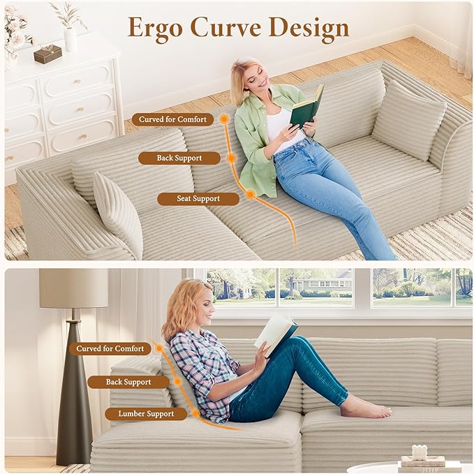 Vesgantti 106" Boneless Couch with Chaise, Deep Seat Comfy Cloud Modular Sofa Corduroy Memory Foam Sectional Couches for Living Room Bedroom, No Assembly Required (Camel, Left-Facing Chaise)