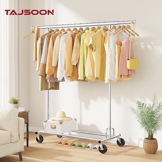 Tajsoon Clothing Rack Heavy Duty Clothes Rack Load 350 LBS, Rolling Clothes Racks for Hanging Clothes with Wheels & Extendable Rod, Collapsible Garment Rack with Bottom Shelf, Commercial, Chrome