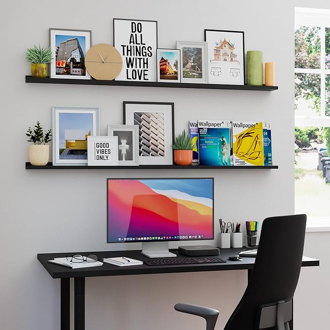 You Have Space 60" Long Picture Ledge Floating Wall Shelf for Living Room, Office, Farmhouse, Kitchen Decor, Black Set of 2
