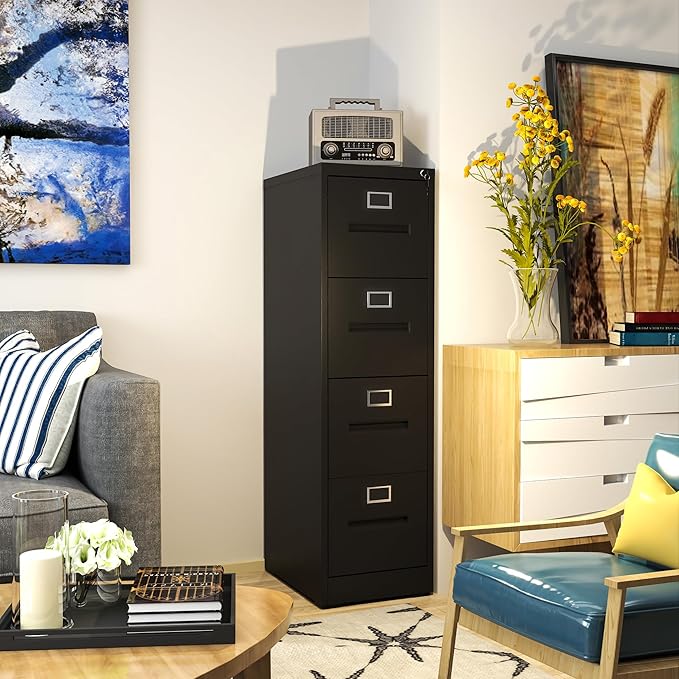 AQY 4 Drawer File Cabinet with Lock,Filing Cabinets for Home Office,Metal File Cabinet 18" Deep Vertical Storage Drawer for Hanging A4/F4/Letter/Legal Size Files, Assembly Require