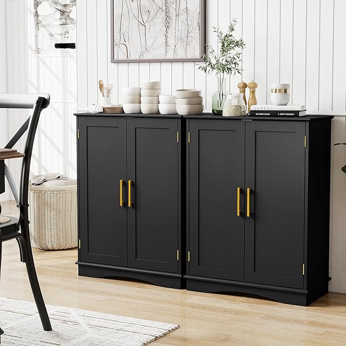 Tangkula Bathroom Floor Storage Cabinet, 31.5" H Freestanding Pantry Cabinet with 2 Doors and Adjustable Shelves, Kitchen Cupboard for Living Room, Dining Room, Bathroom (Black, 31.5" H)