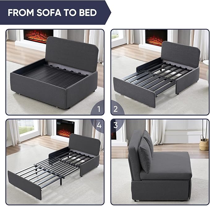 2 in 1 Pull Out Sofa Bed Full Size, Small Convertible Sleeper Sofa Couch, Linen Folding Guest Bed with Wheels and Cushions Pillow, Futon Sofas Couch Beds for Bedroom Office Lounge - Dark Grey