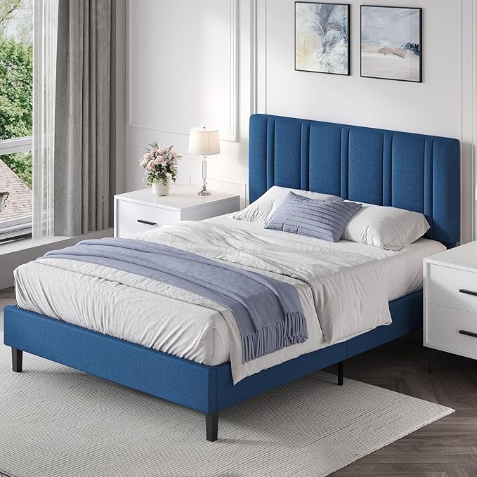 Full Bed Frame with Headboard and Storage, Upholstered Platform Bed with Tufted Headboard, Fabric Bed Frame with Wooden Slats Support, No Box Spring Required, Easy Assembly, Blue