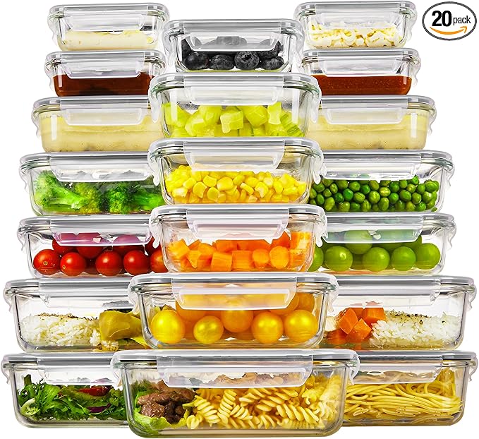 Vtopmart 20Pack Glass Food Storage Containers with Lids, Meal Prep Containers, Airtight Lunch Containers Bento Boxes with Snap Locking Lids, for Microwave, Oven, Freezer and Dishwasher