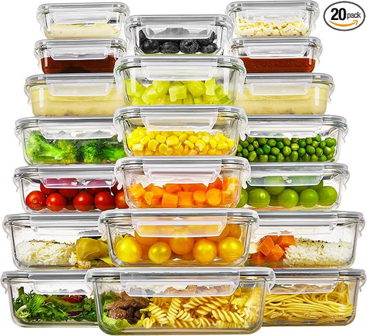 Vtopmart 20Pack Glass Food Storage Containers with Lids, Meal Prep Containers, Airtight Lunch Containers Bento Boxes with Snap Locking Lids, for Microwave, Oven, Freezer and Dishwasher