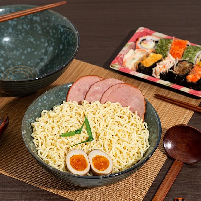 8 Inch Ceramic Ramen Bowl Set of 2, 40oz Japanese Bowls with Spoons & Chopsticks,Durable,Microwave & Dishwasher Safe,Perfect for Ramen,Pho,Salad,Soup,Noodles,Mixing bowls(Jade Green)