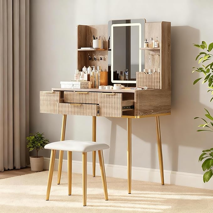 Casaphoria Vanity Desk with LED Mirror Lights, 4 Drawers & Jewelry Storage, Yellow Brown Makeup Dressing Table with Metal Legs and PU Stool for Bedroom Girls Women
