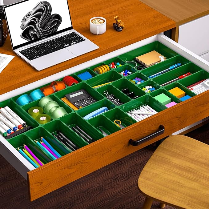 25 pc Plastic Drawer Organizer Set,4 Size Small Storage Containers for Organizing Jewelry,Utensil,Junk,Tea,Makeup,Shallow Drawer Organizers Tray Suitable for Office,Desk,Bathroom,Vanity,Kitchen,Green
