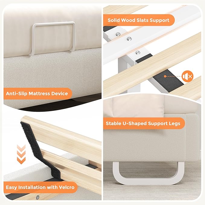 Queen Size Upholstered Bed Frame with LED Lights, Girls Bed with Adjustable Chic Double Headboard, Boucle Princess Platform Bed for Girls, Solid Wood Slats Support, No Box Spring Needed, Beige