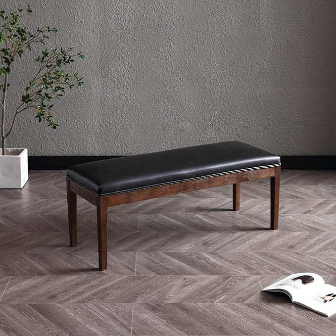Upholstered Entryway Bench Modern Shoe Benches for Hallway Porch Bedroom Bench for End of Bed Dining Bench for Dining Table Dining Room Kitchen Window with Wood Legs, PU Leather, Black