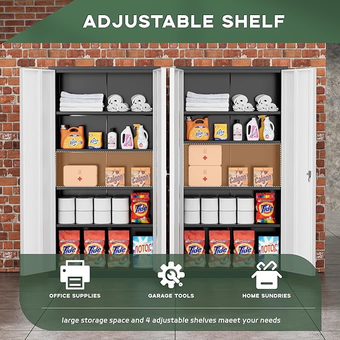 Greenvelly Metal Garage Storage Cabinet with Doors and Adjustable Shelves,72" Steel Lockable File Cabinet for Home Office,Garage,School(Black Grey,36" W x 18" D)