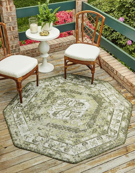 Unique Loom Outdoor Traditional Collection Area Rug - Valeria (7' 10" Octagon, Green/ Light Green)