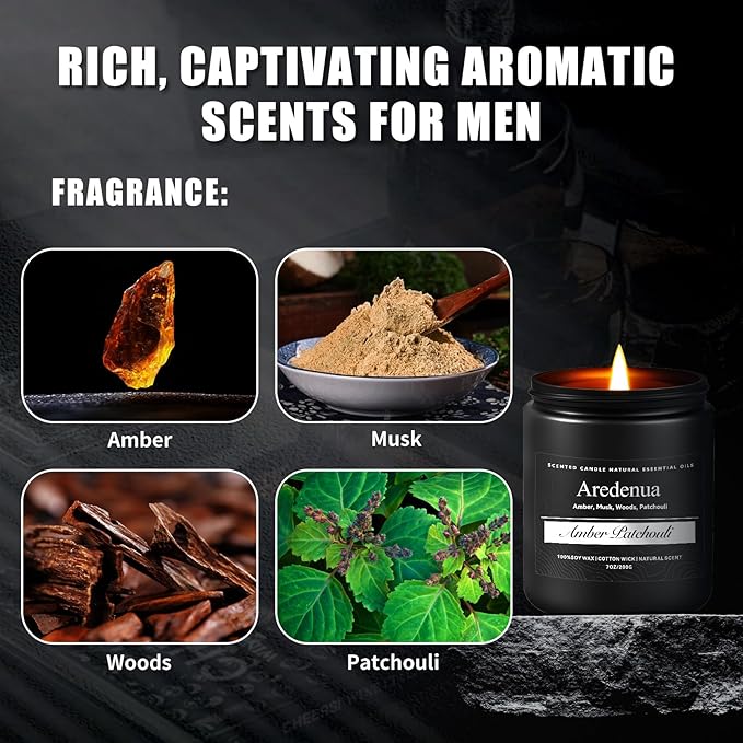 Amber Patchouli Candle, Masculine Candle - Manly Scented Candles for Home, Aromatherapy Candle Gifts for Men Women - 7oz Soy Candles for Home Scented, 50 Hours Burn Time, Perfect for Relaxation