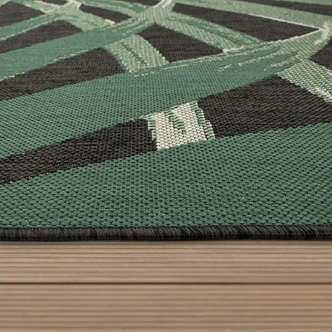 Tropical Outdoor Rug Palm Tree & Jungle Design Flatweave in Black Green, Size: 2'8" x 4'11"