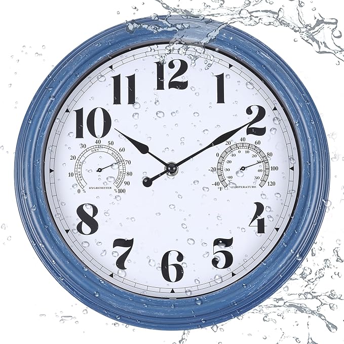 12 inch Outdoor Wall Clock, Plastic Waterproof Outdoor Clock with Temperature & Humidity, Water Resistant Wall Clocks for Patio Garden, Blue