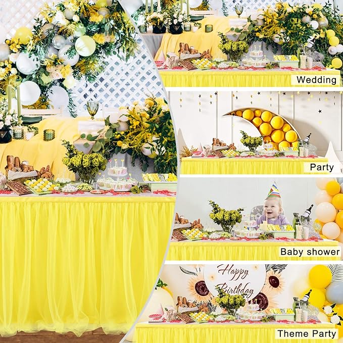 Suppromo Yellow Table Skirts for Rectangle Tables or Round Tables 6ft Ruffle Tulle Tutu Tablecloth for Sunflower Birthday Party Girls Lemonade Baby Shower Wedding Cake Dessert Table Decorations