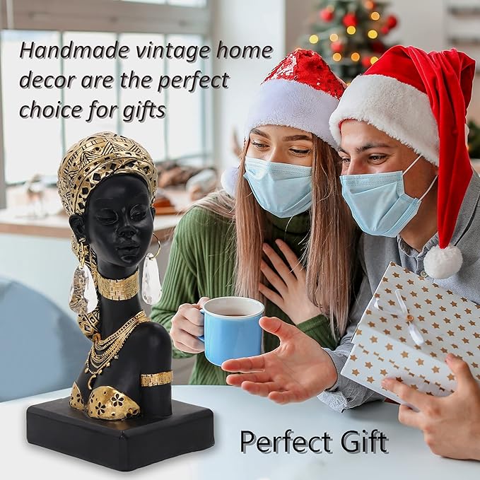 African Statues for Home Decor, Sculptures Decorations for Living Room, 8.7'' African Lady Art Bust Figurines, Black Vintage Aesthetic Ornament for Shelf and Tables, Décor Accents Gifts for Women