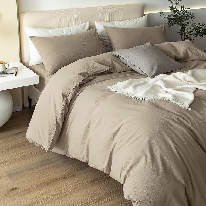 JIYUAN 100% Washed Cotton Duvet Cover Set 3 Pieces Queen, 1 Duvet Cover 90x90 Inches(Comforter Not Included) and 2 Pillowcases,Linen Feel Bedding Set Comfy and Breathable,Khaki