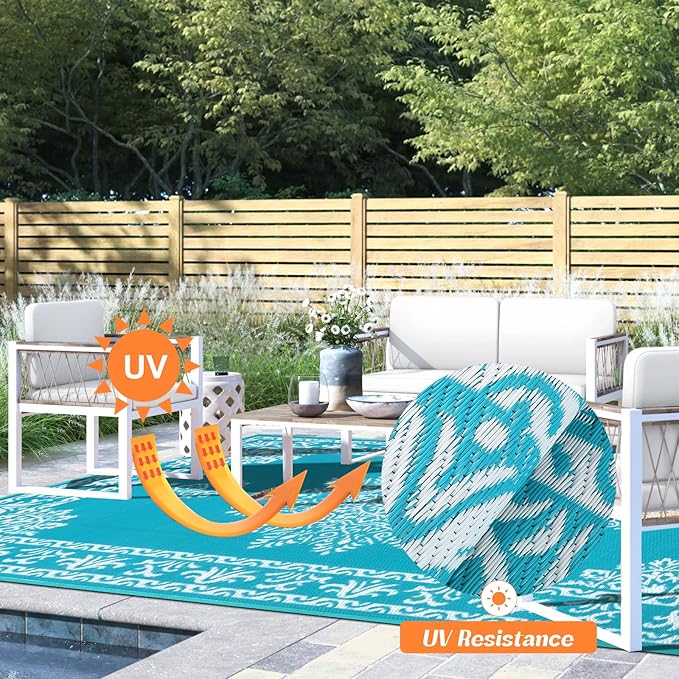 Yamaziot Outdoor Rug 8x10 Ft, Waterproof Plastic Straw Patio Rug, Reversible Backyard Carpet UV Resistant Portable RV Mat Clearance, Large Indoor Outdoor Rug for Patio, Porch, Deck, Balcony, Teal