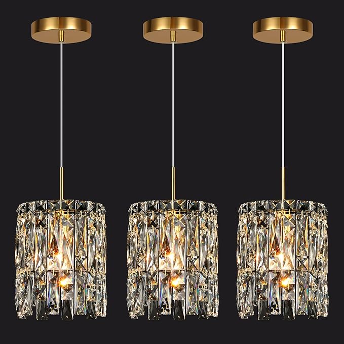 Modern K9 Crystal Pendant Lights Kitchen Island Set of 3,Gold Chandeliers for Dining Room Light Fixtures Over Table,Hanging Chandelier for Kitchen Island Entryway Bathroom BedHead Bedroom