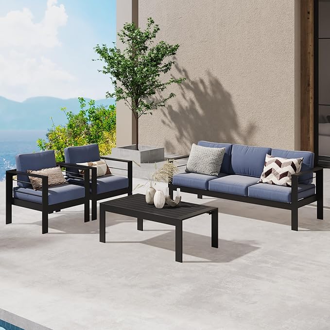 Wisteria Lane Aluminum Outdoor Patio Furniture Set, 5 Seats Modern Outdoor Conversation Set Sectional Sofa with Upgrade Cushion and Coffee Table for Balcony,Black Frame and Blue Cushion