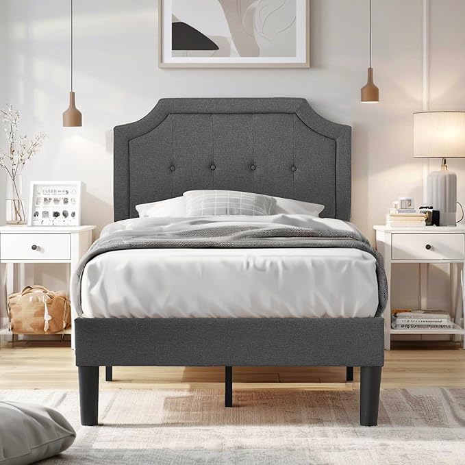 VECELO Twin Upholstered Platform Bed Frame with Adjustable Button Stitched Panel Headboard,Strong Wood Slat Support,Velcro Design,Mattress Foundation/Easy Assembly,Grey