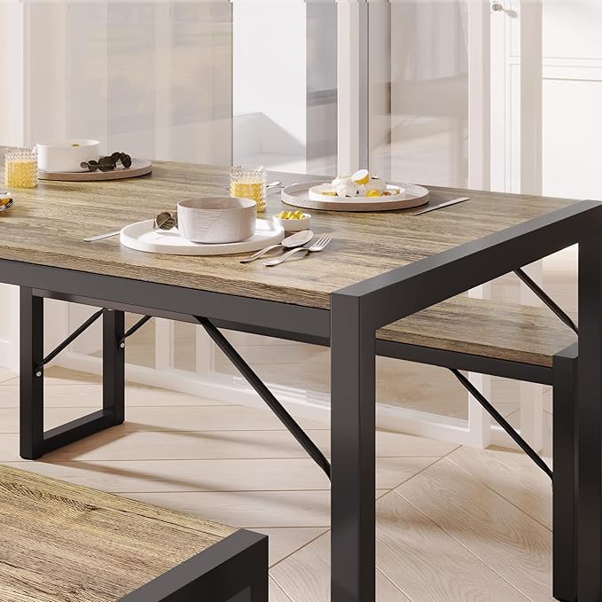 Gizoon 45.5" Dining Table Set for 4 with 2 Benches, Kitchen Table Set with Metal Frame & MDF Board, Space-Saving Dinette for Kitchen, Dining Room -Grey