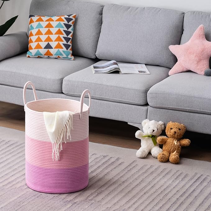 Woven Rope Laundry Hamper Basket, 58L Tall Luandry Basket, Baby Nursery Hamper for Blanket Storage, Clothes Hamper for Laundry in Bedroom-Large-Pink