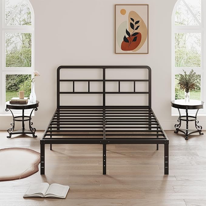 King Size Bed Frame with Headboard, 16 Inch Metal Platform No Box Spring Needed Heavy Duty Steel Slat Mattress Foundation/Easy Assembly/No Noise/Black