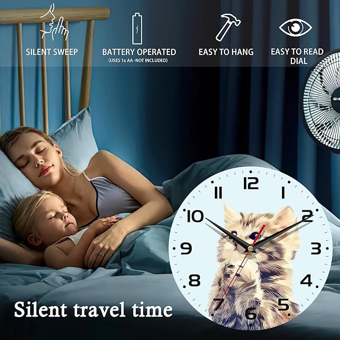 Wall Clock, 10 Inch Silent Non-Ticking Home Kitchen Decor, Battery Operated for Bathroom Bedroom Living Room Office(Cute Cats)