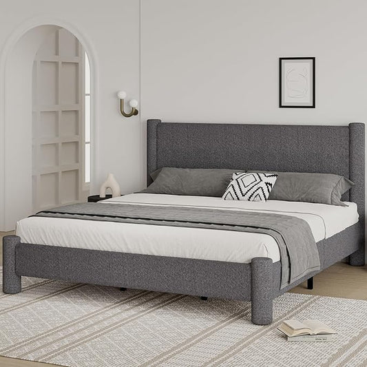 King Size Bed Frame, Boucle Upholstered Platform Bed with Headboard and Footboard, Soft Rounded Corners, No Box Spring Required, Easy Assembly, Dark Grey