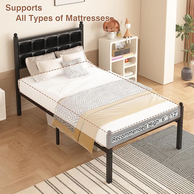 VECELO 2 Set Bed Frame Twin Size, Faux PU Leather Platform Beds with Upholstered Headboard and Footboard, Strong Slats Support, 12" Underbed Storage, Noise-Free, No Boxing Spring Needed, PU Black