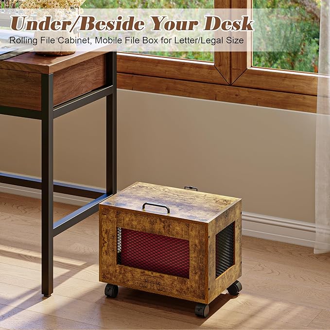 Rolling File Cabinet Cart, Hanging File Organizer Box with Lid for Home Office, Small Filing Cabinet on Wheels Under Desk, Mobile Decorative Document Storage Basket for Letter & Legal Size