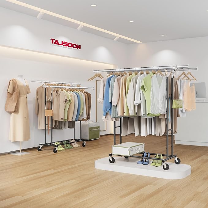 Tajsoon Double Rod Clothes Rack Load 480 LBS, Heavy Duty Rolling Garment Rack with Wheels, Collapsible Clothing Rack for Hanging Clothes, Commercial Adjustable Clothes Rack with Shelf, Black