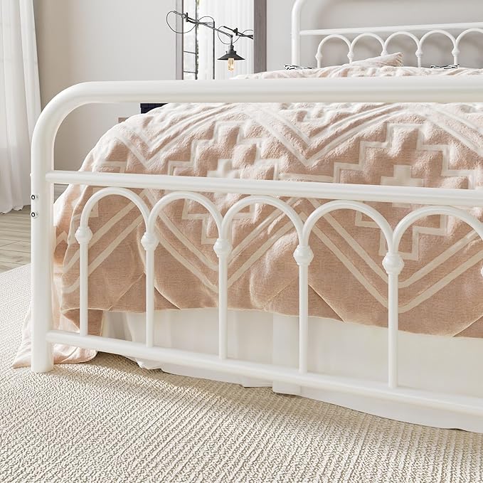 Allewie 14 Inches Queen Size Metal Platform Bed Frame with Victorian Style Curved Iron-Art Headboard/Footboard, Metal Slats Support, Easy Assembly, Under Bed Storage, No Box Spring Required, White