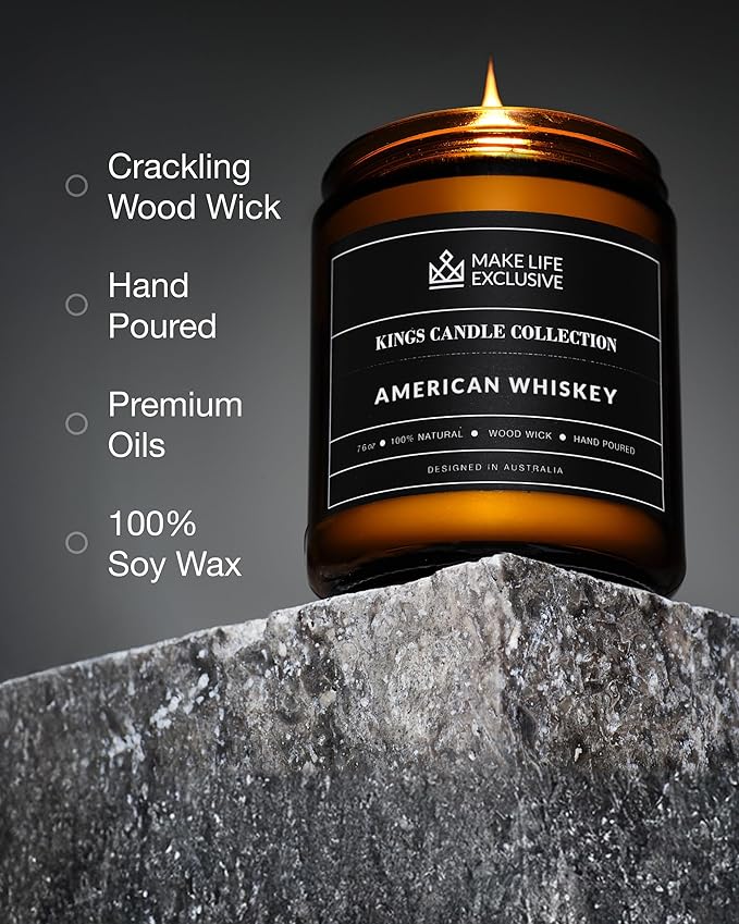 Scented Candles for Men | Whiskey Scented | Wooden Wick, Long Lasting, Masculine Scents | Natural Soy Jar Candle for Home, Bacehlor Pad Decor | The Perfect Mens Gift